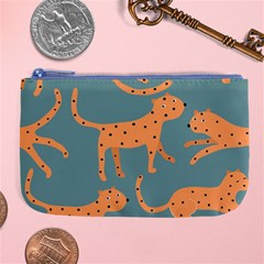 Vector Seamless Pattern With Cute Orange And  Cheetahs On The Blue Background  Tropical Animals Large Coin Purse by EvgeniiaBychkova