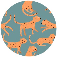 Vector Seamless Pattern With Cute Orange And  Cheetahs On The Blue Background  Tropical Animals Wooden Puzzle Round by EvgeniiaBychkova