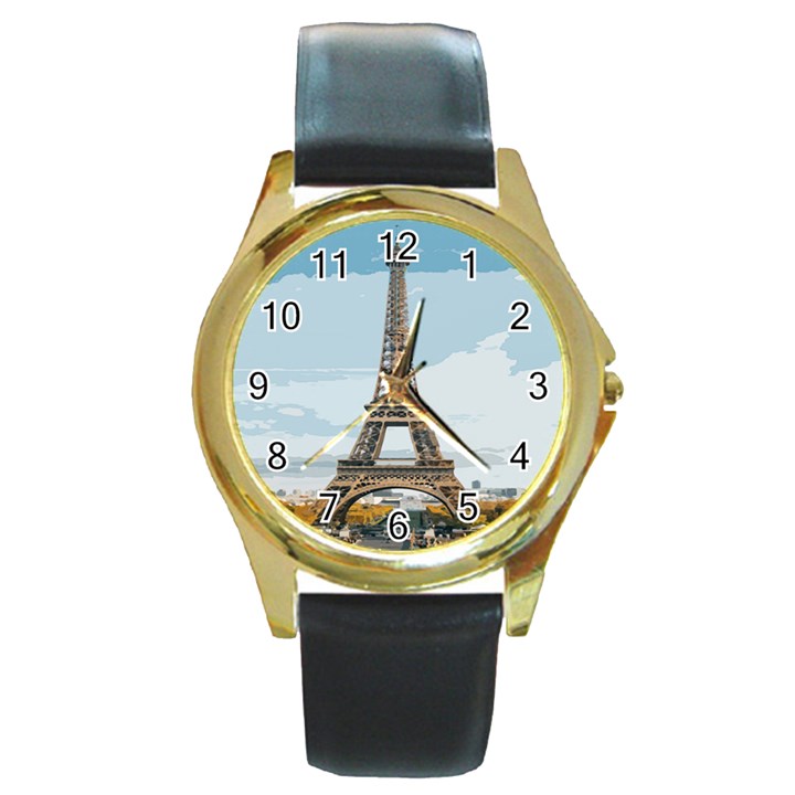 The Eiffel Tower  Round Gold Metal Watch