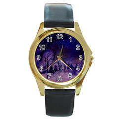 Winter Nights In The Forest Round Gold Metal Watch by ArtsyWishy