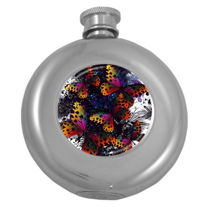 Butterfly Floral Pattern Round Hip Flask (5 oz)