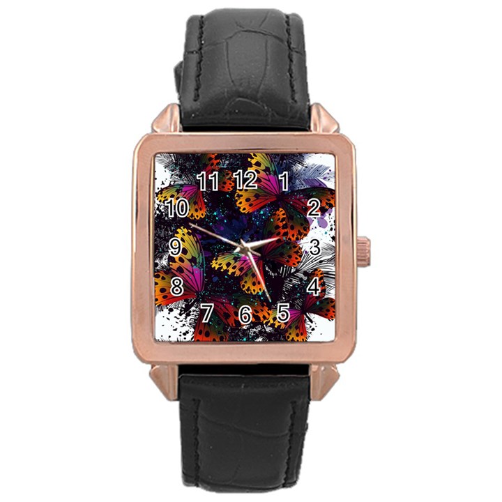 Butterfly Floral Pattern Rose Gold Leather Watch 