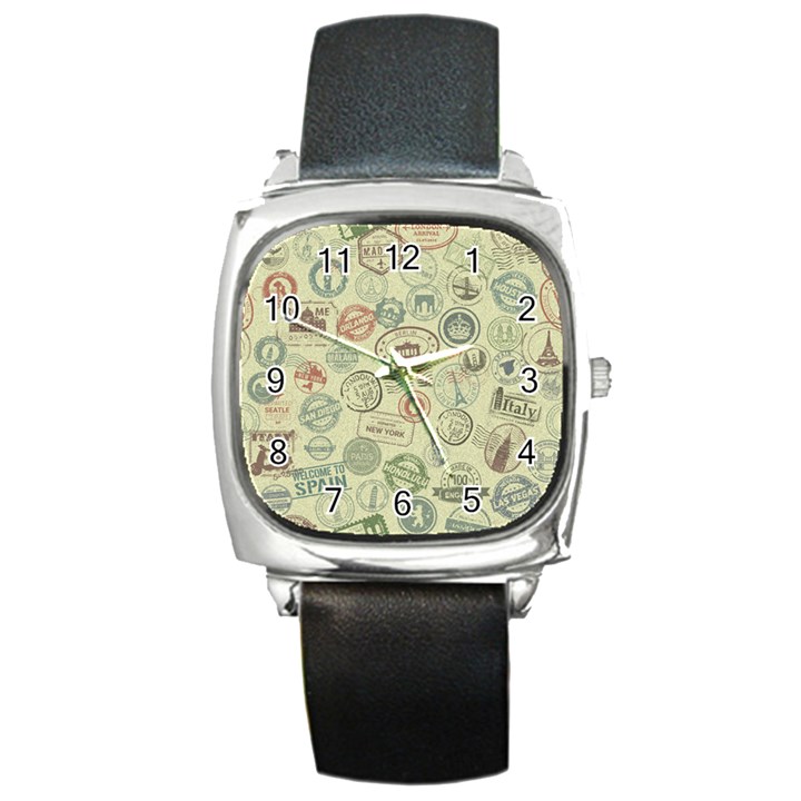 Beige Denim With Logos Square Metal Watch