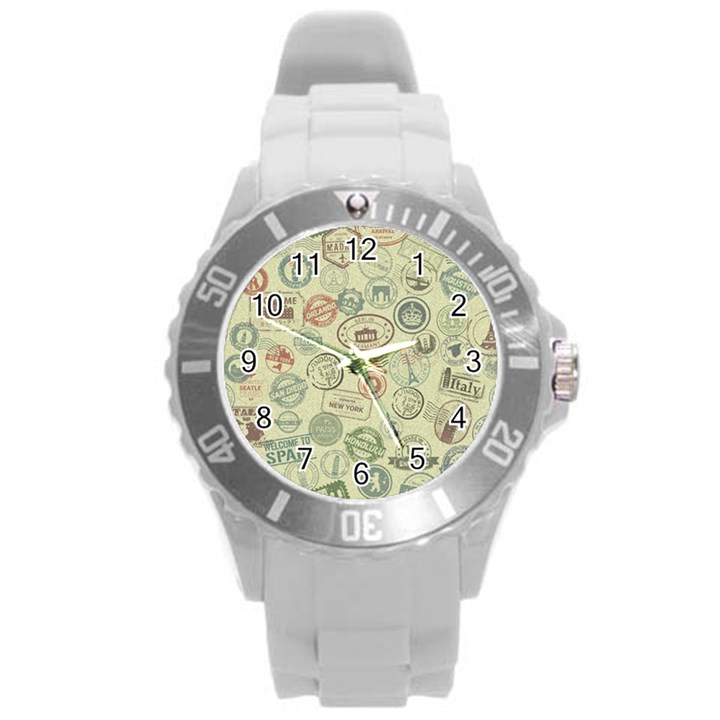 Beige Denim With Logos Round Plastic Sport Watch (L)