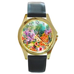 Forest Flowers  Round Gold Metal Watch