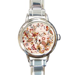 Red Floral Baatik Print Red Floral Baatik Print Round Italian Charm Watch by designsbymallika