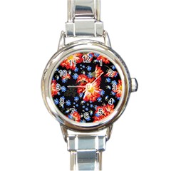 Orange And Blue Chamomiles Design Round Italian Charm Watch by ArtsyWishy