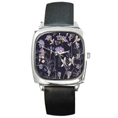 Butterflies And Flowers Painting Square Metal Watch by ArtsyWishy