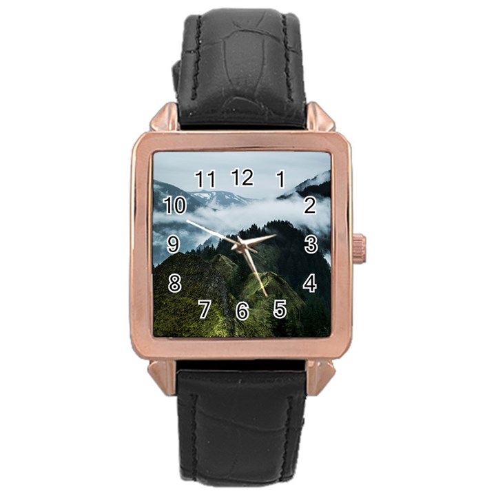 Mountain landscape Rose Gold Leather Watch 