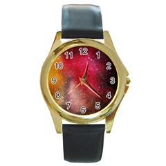 Red Galaxy Paint Round Gold Metal Watch by goljakoff