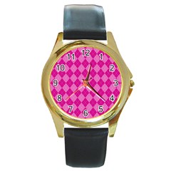 Pink Diamond Pattern Round Gold Metal Watch by ArtsyWishy