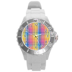 Digital Paper Stripes Rainbow Colors Round Plastic Sport Watch (l)