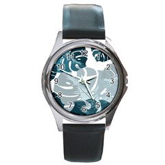 Monstera Leaves Background Round Metal Watch