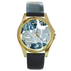 Monstera Leaves Background Round Gold Metal Watch