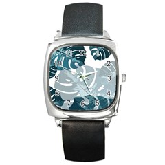 Monstera Leaves Background Square Metal Watch