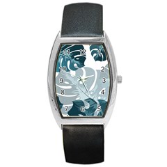 Monstera Leaves Background Barrel Style Metal Watch