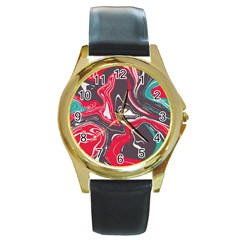 Red Vivid Marble Pattern 3 Round Gold Metal Watch by goljakoff