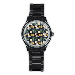 Flower Grey Pattern Floral Stainless Steel Round Watch