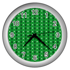 Green Christmas Tree Pattern Background Wall Clock (silver) by Amaryn4rt