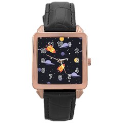 Cosmos Rockets Spaceships Ufos Rose Gold Leather Watch  by Amaryn4rt