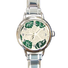 Green Monstera Leaf Illustrations Round Italian Charm Watch by HermanTelo