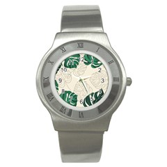 Green Monstera Leaf Illustrations Stainless Steel Watch by HermanTelo