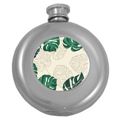 Green Monstera Leaf Illustrations Round Hip Flask (5 Oz)