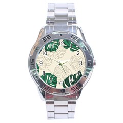 Green Monstera Leaf Illustrations Stainless Steel Analogue Watch