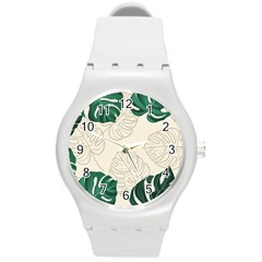 Green Monstera Leaf Illustrations Round Plastic Sport Watch (m)