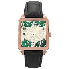 Green Monstera Leaf Illustrations Rose Gold Leather Watch  by HermanTelo