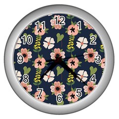 Flower White Grey Pattern Floral Wall Clock (silver)