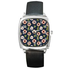 Flower White Grey Pattern Floral Square Metal Watch