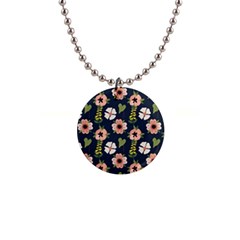 Flower White Grey Pattern Floral 1  Button Necklace by Dutashop