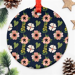 Flower White Grey Pattern Floral Round Ornament (two Sides)