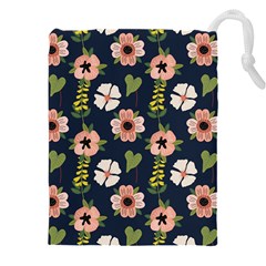 Flower White Grey Pattern Floral Drawstring Pouch (4xl)