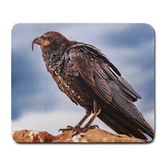 Black Crow Standing At Rock Large Mousepads by dflcprintsclothing