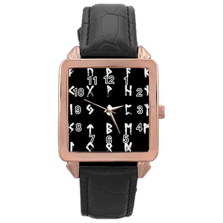 Elder Futhark Rune Set Collected Inverted Rose Gold Leather Watch 