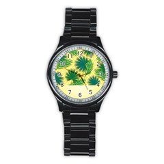 Yellow Tropical Pattern Stainless Steel Round Watch by designsbymallika