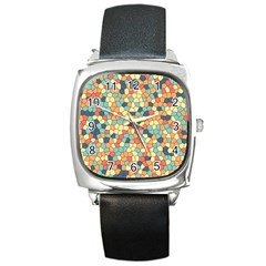 Mosaic Print Yellow Square Metal Watch by designsbymallika