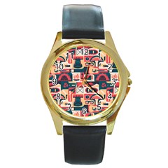 Guitar And Trip Round Gold Metal Watch