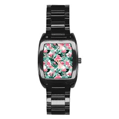 Beautiful Flamingo Pattern Stainless Steel Barrel Watch by designsbymallika