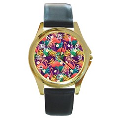 Flamingo Love Round Gold Metal Watch by designsbymallika