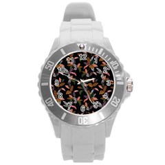 Animal Print Leaves Pattern Round Plastic Sport Watch (l) by designsbymallika