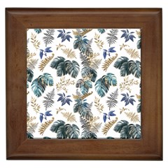 Blue Metallic Leaves Pattern Framed Tile by designsbymallika