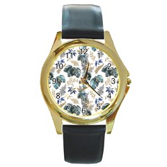 Blue Metallic Leaves Pattern Round Gold Metal Watch by designsbymallika