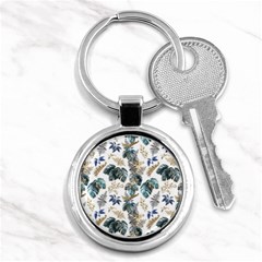 Blue Metallic Leaves Pattern Key Chain (round) by designsbymallika