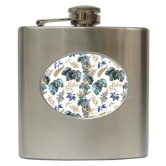 Blue Metallic Leaves Pattern Hip Flask (6 Oz) by designsbymallika