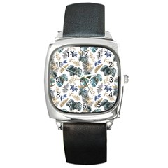 Blue Metallic Leaves Pattern Square Metal Watch by designsbymallika