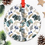 Blue Metallic Leaves Pattern Round Ornament (Two Sides) Front