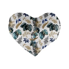 Blue Metallic Leaves Pattern Standard 16  Premium Flano Heart Shape Cushions by designsbymallika